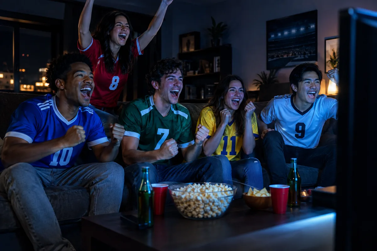 Grupo de amigos celebrando con entusiasmo un partido en vivo frente al televisor