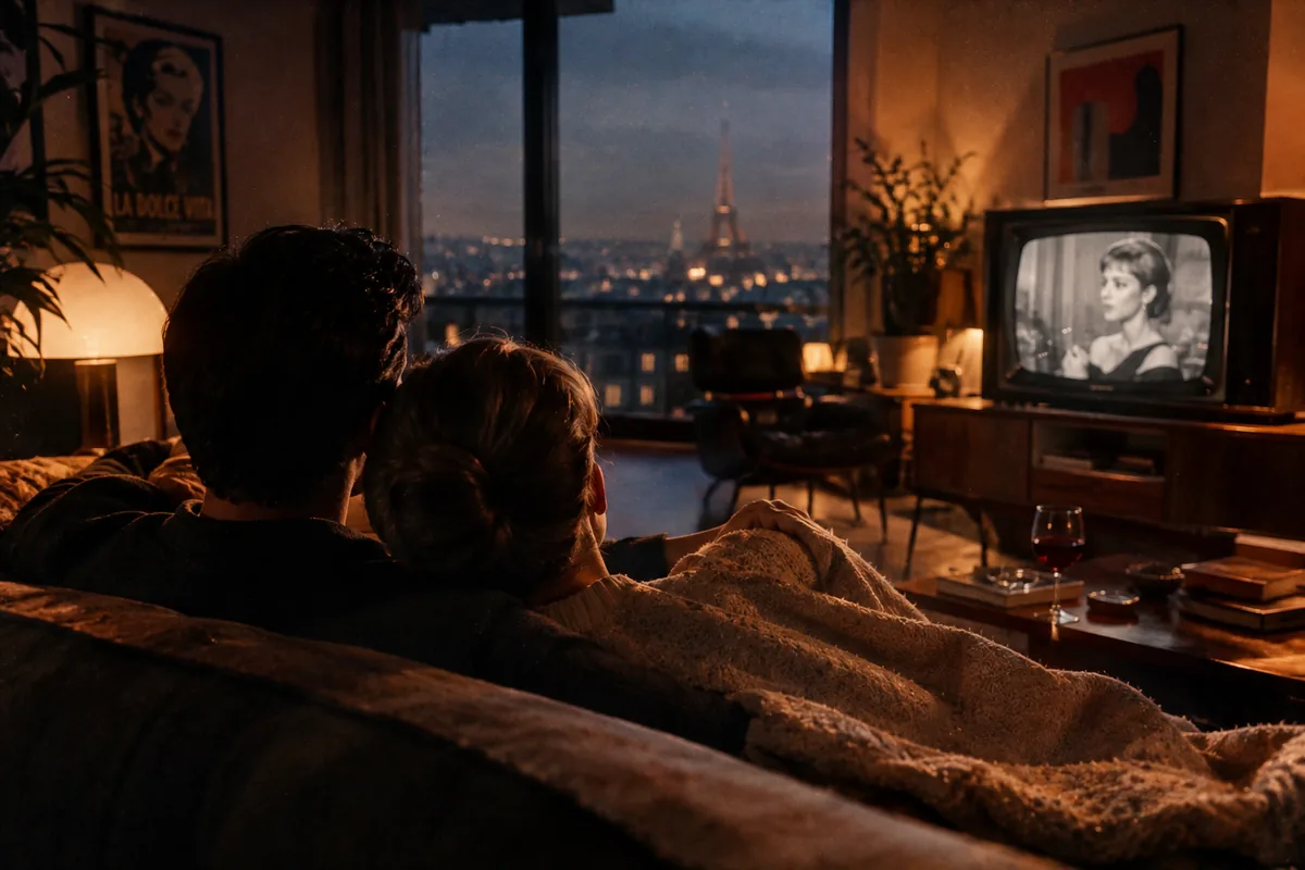 Pareja abrazada en el sofá viendo una película en una sala con vista nocturna de la ciudad