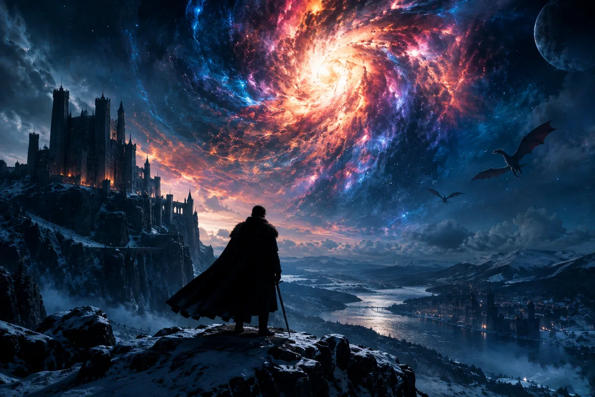 Escena épica de fantasía con una figura con capa frente a un castillo, dragones y una galaxia en el cielo