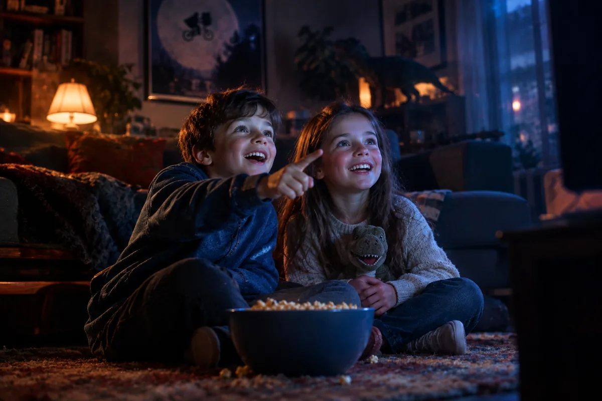 Niños asombrados viendo una película en casa