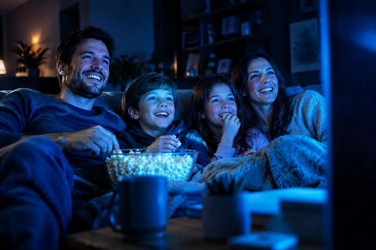 Familia reunida en el sofá de la sala viendo televisión juntos, con palomitas y una manta