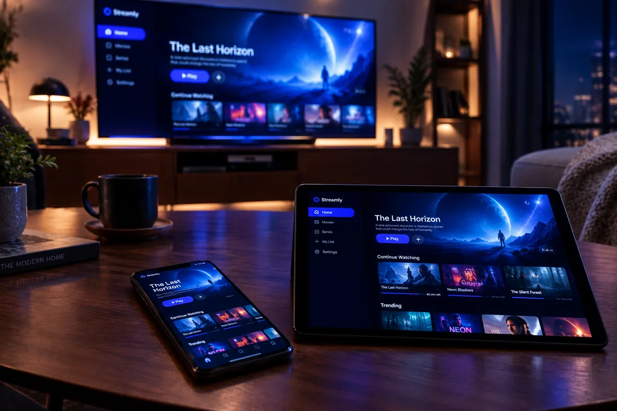 Smart TV, tableta y celular mostrando al mismo tiempo una plataforma de streaming con catálogo de películas y series